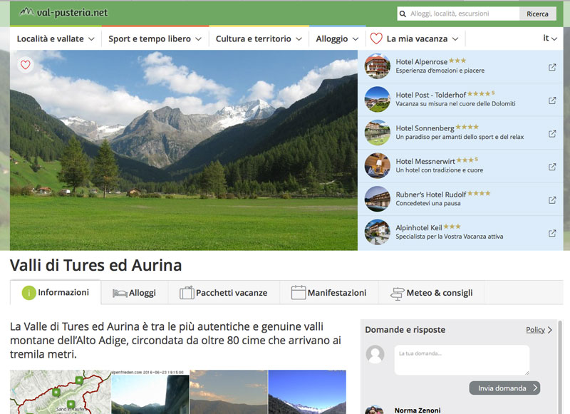 vista della home del sito della Val Pusteria - web a Vicenza